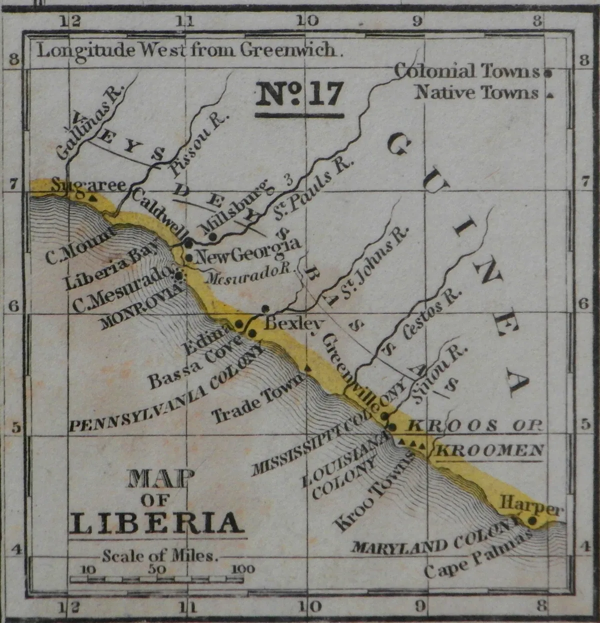 Map of the colony of Liberia by S. Augustus Mitchell, 1839